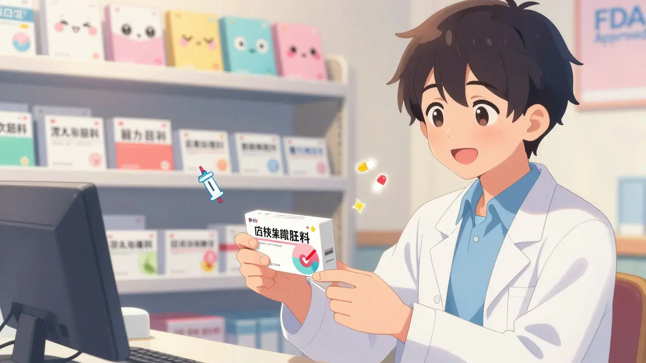 A pharmacist smiles while giving a generic antibiotic combo package to a teenager in a warm, pastel-lit pharmacy.