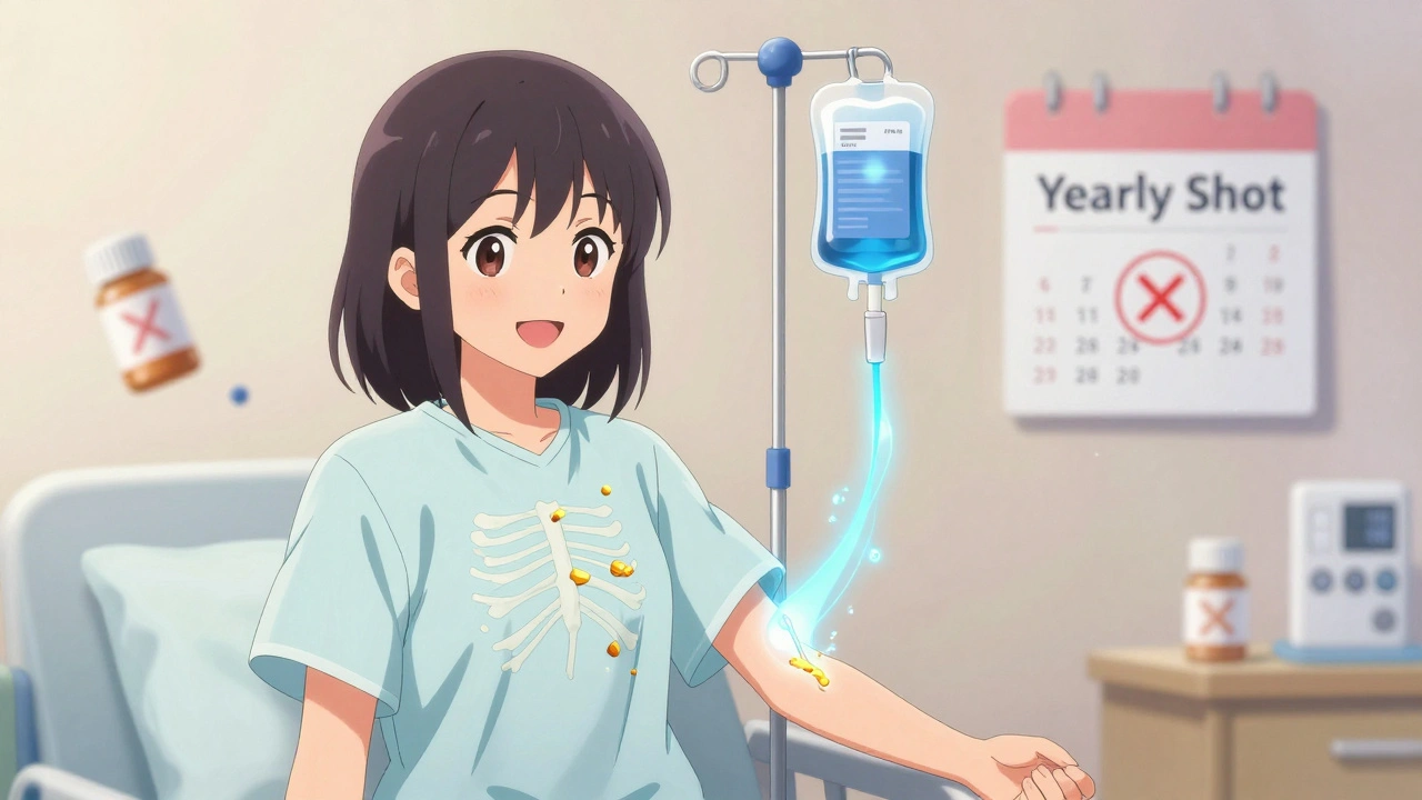A smiling patient receives a yearly IV infusion, glowing blue energy rebuilding her bones with golden fragments.