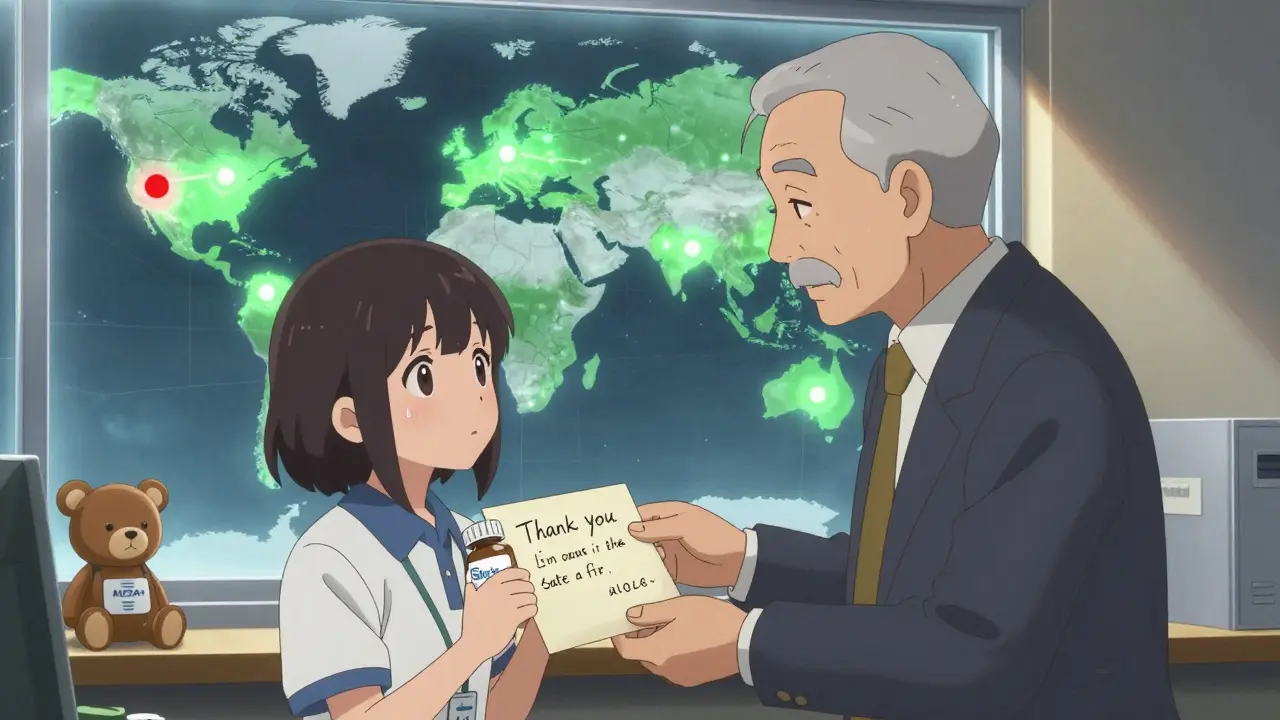 A supervisor gives a thank-you note to a junior technician, with a global supply chain map in the background.