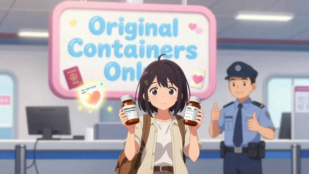 A traveler showing original medication bottles to a smiling security officer on a cruise ship.