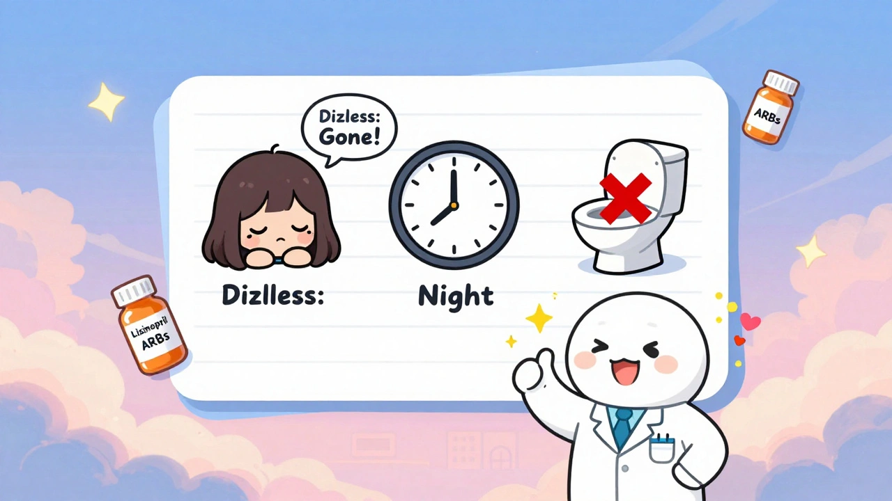 A whimsical medical chart showing reduced dizziness and nighttime dosing benefits with cartoon icons.