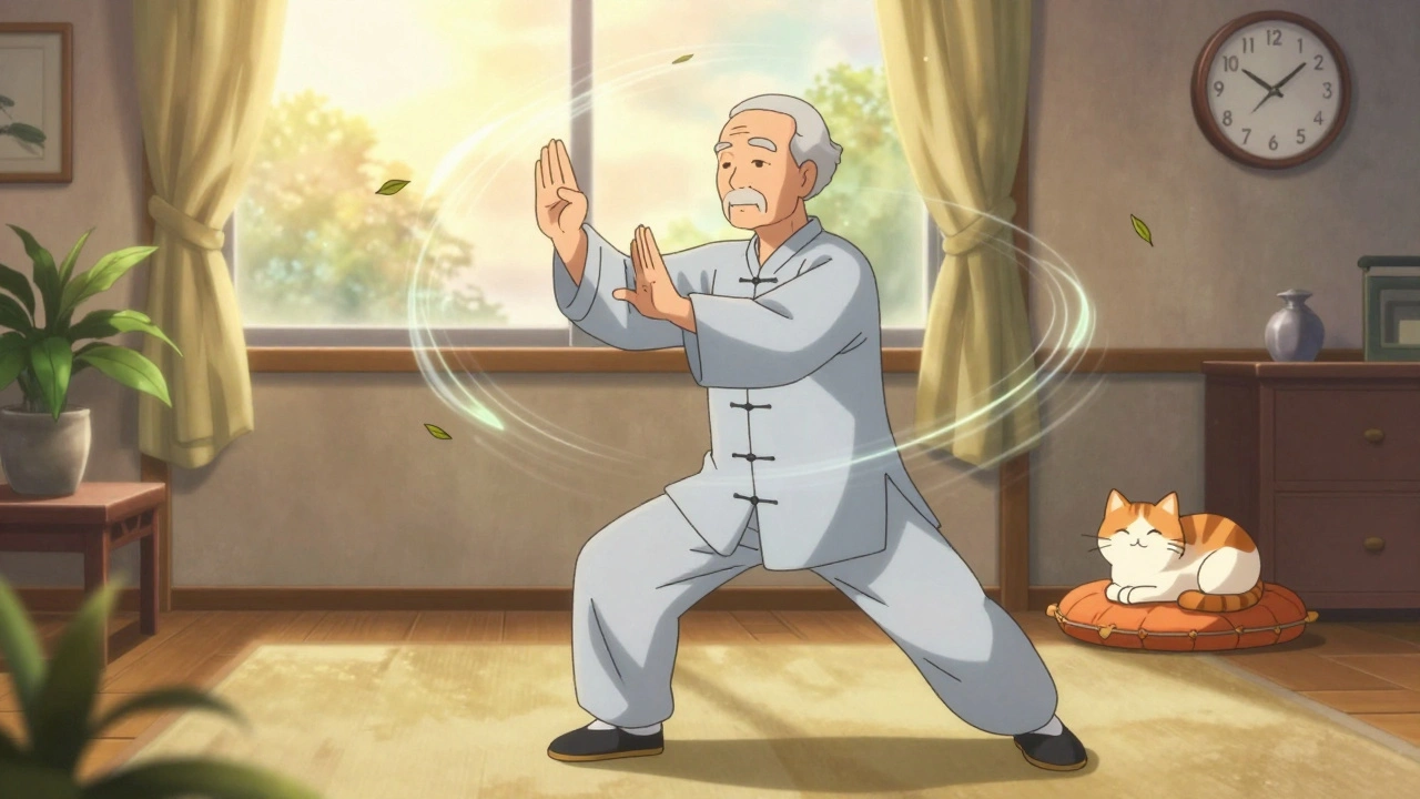 An elderly man practicing slow tai chi in a cozy living room, with a cat beside him and morning light glowing.