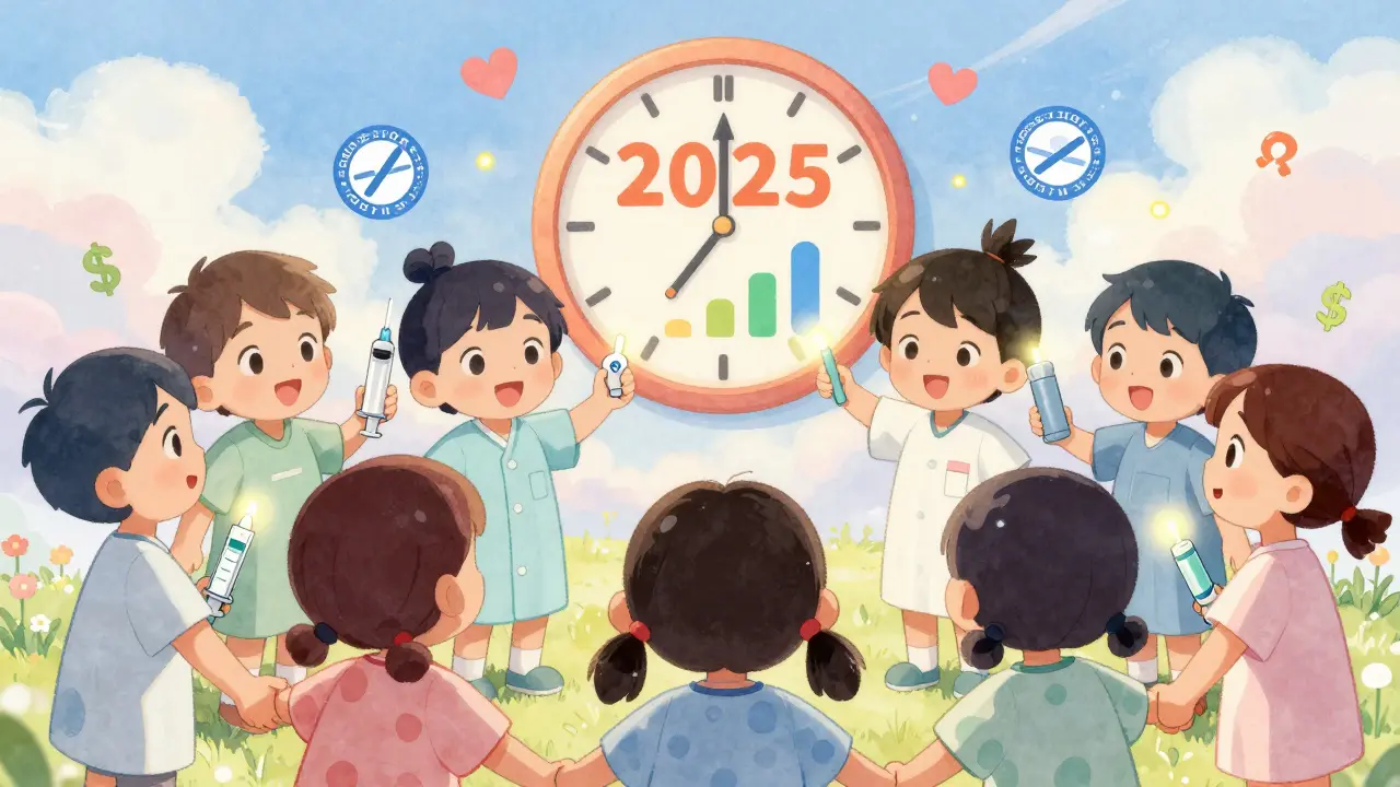 Children hold generic antibiotic devices together as glowing icons rise above them, symbolizing improved access in 2025.