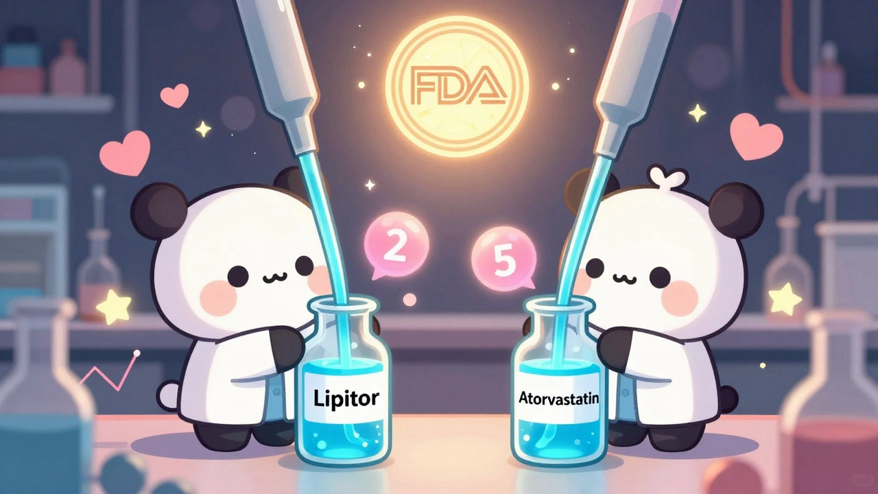 Cute scientists measure identical glowing liquid streams from brand and generic drug vials, with floating bioequivalence data shaped like hearts and stars.