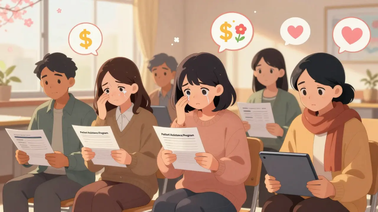 Diverse patients in a community center celebrate free medication news with heartfelt expressions.