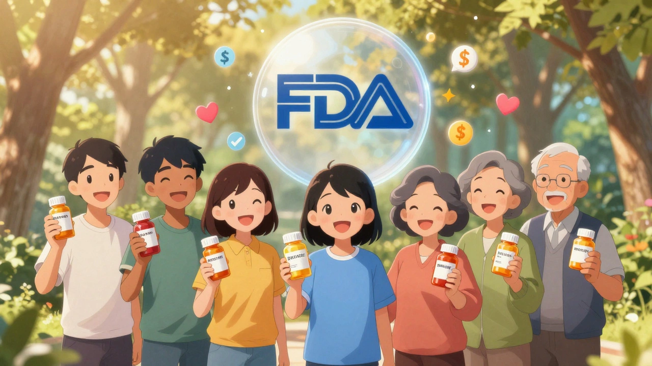 Diverse patients smile in a sunlit park holding generic medication bottles, with a glowing FDA badge floating above like a protective halo.