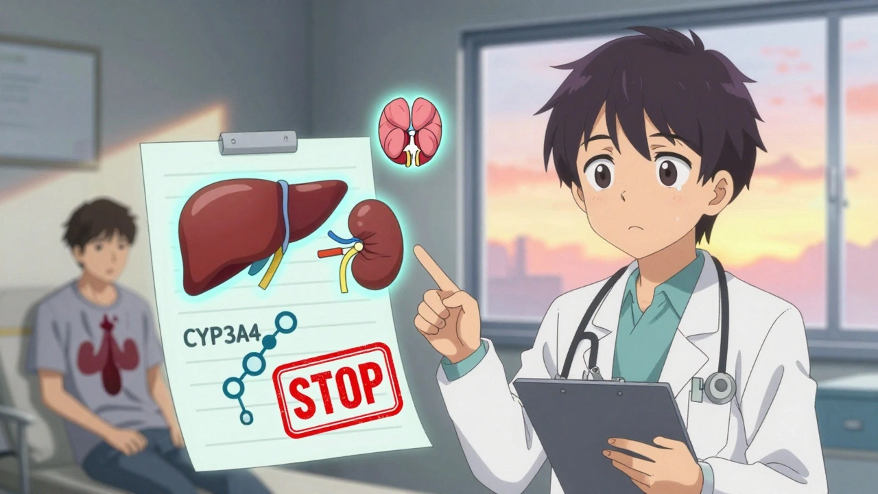 Doctor pointing at broken enzyme diagram, patient with muscle pain in background.