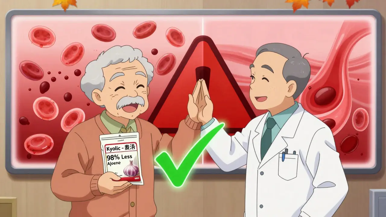 Elderly man smiling with doctor beside him, holding safe aged garlic extract as warning sign splits in two.