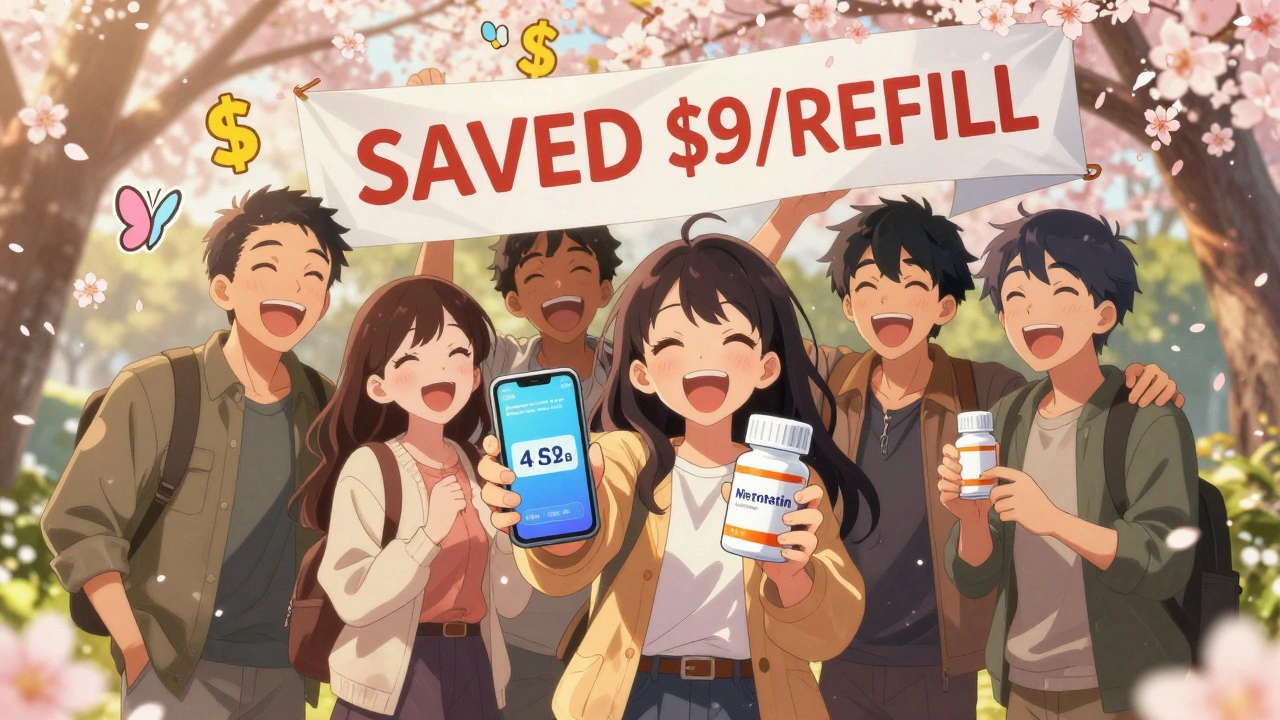 Friends celebrating savings on generic medication in a sunny park with cherry blossoms.