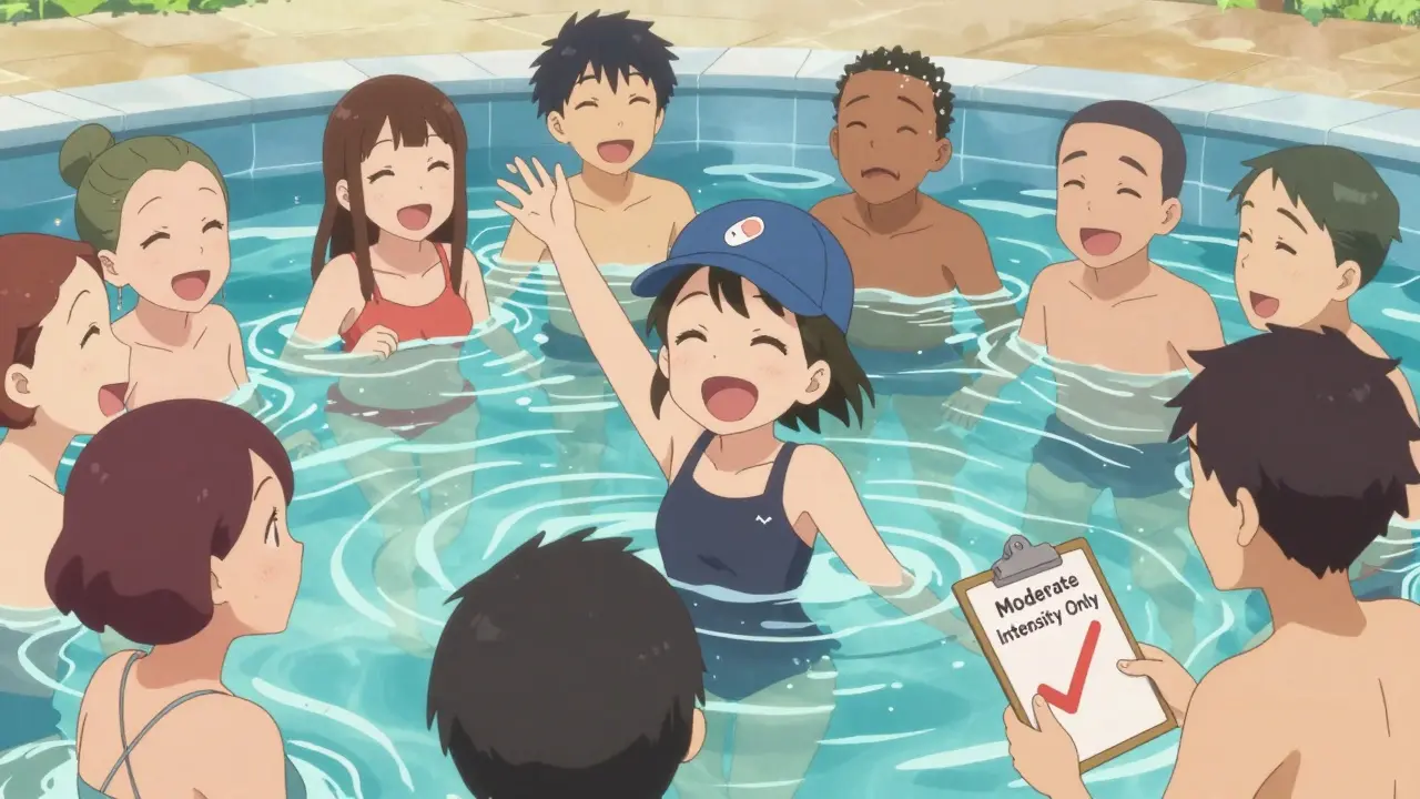 Friends laughing and doing light water aerobics in a pool, one wearing a statin-themed swim cap.