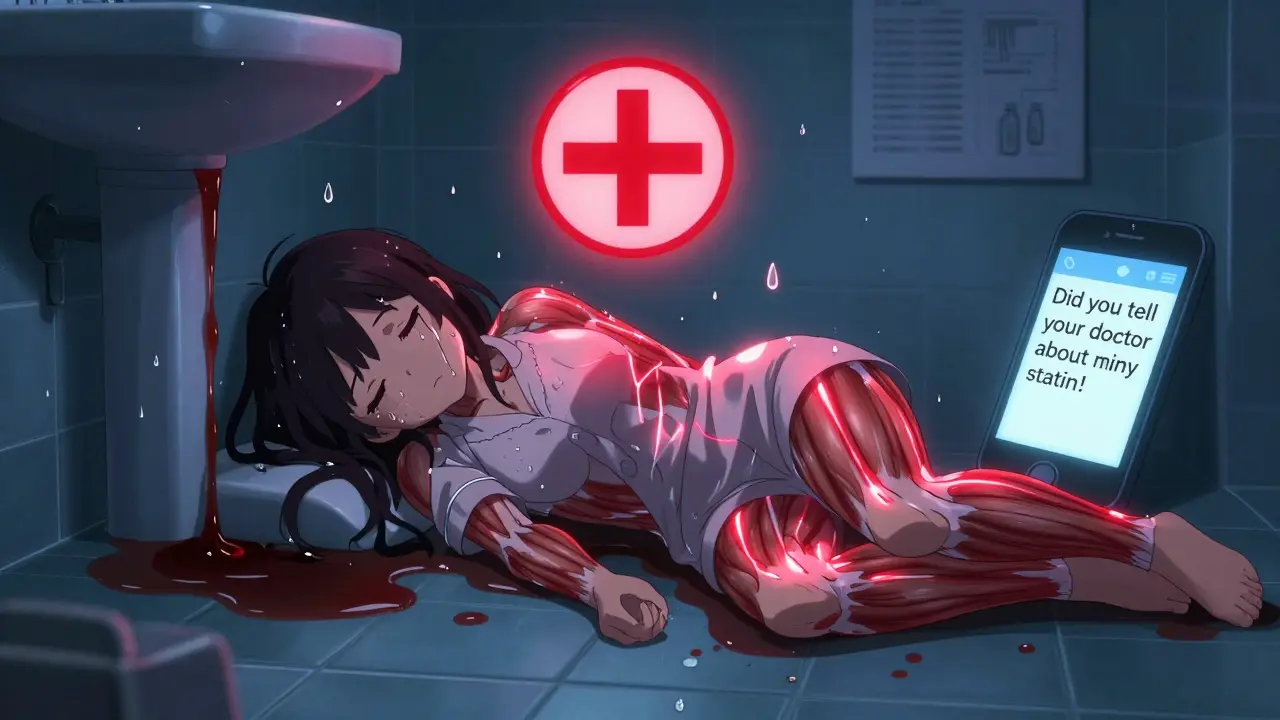 Girl collapsed with dark urine and glowing muscle damage, medical alert symbol above her in moe anime style.