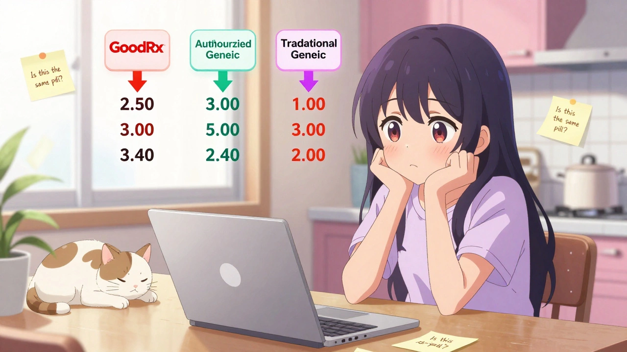 Girl comparing drug prices on her laptop with sticky notes and a cat nearby.