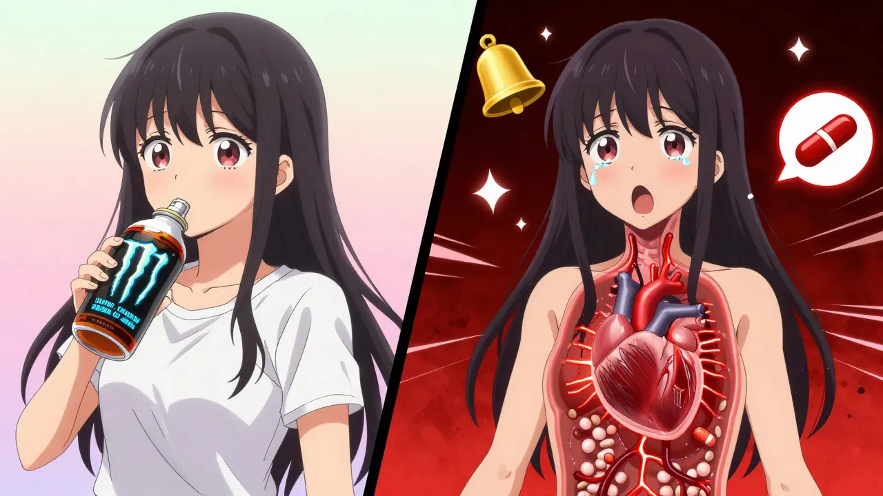 Girl drinking energy drink as her body shows dangerous internal reactions.