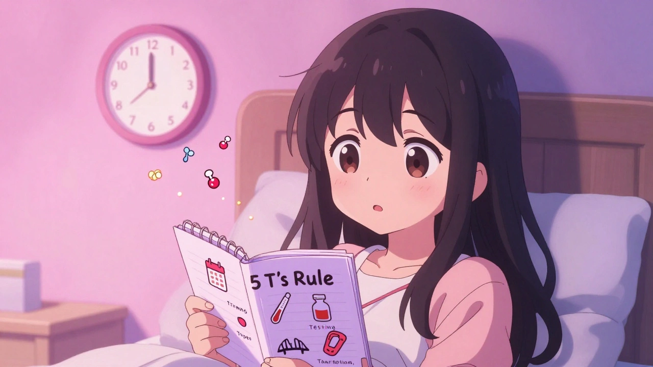 Girl holding notebook with &#039;5 T’s Rule&#039; icons and a glowing 21-day countdown clock.