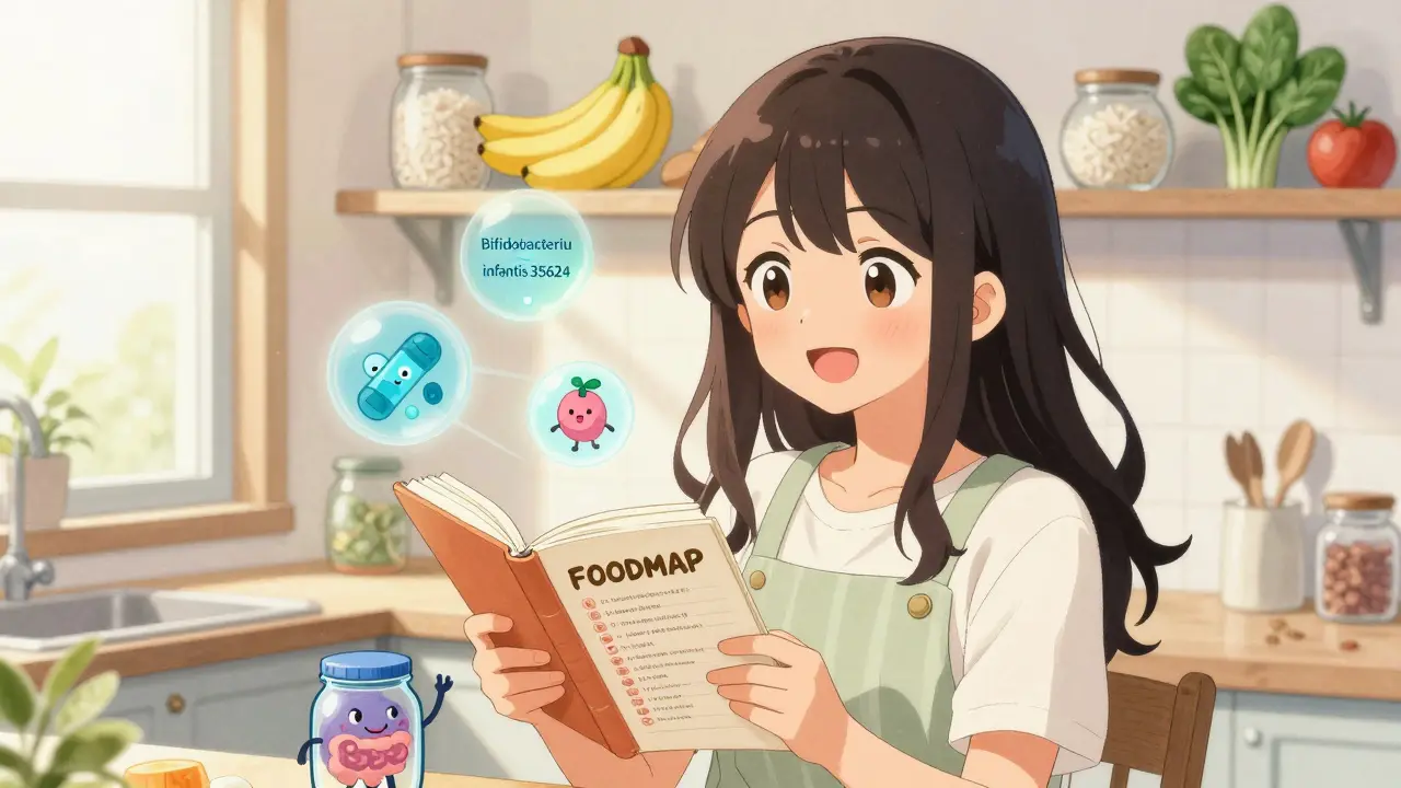 Girl in kitchen holding low-FODMAP food journal with probiotic icons floating nearby.