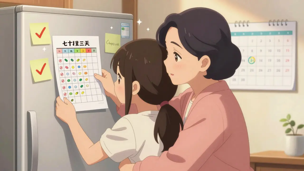 Grandmother and granddaughter celebrating with medication schedule on fridge.