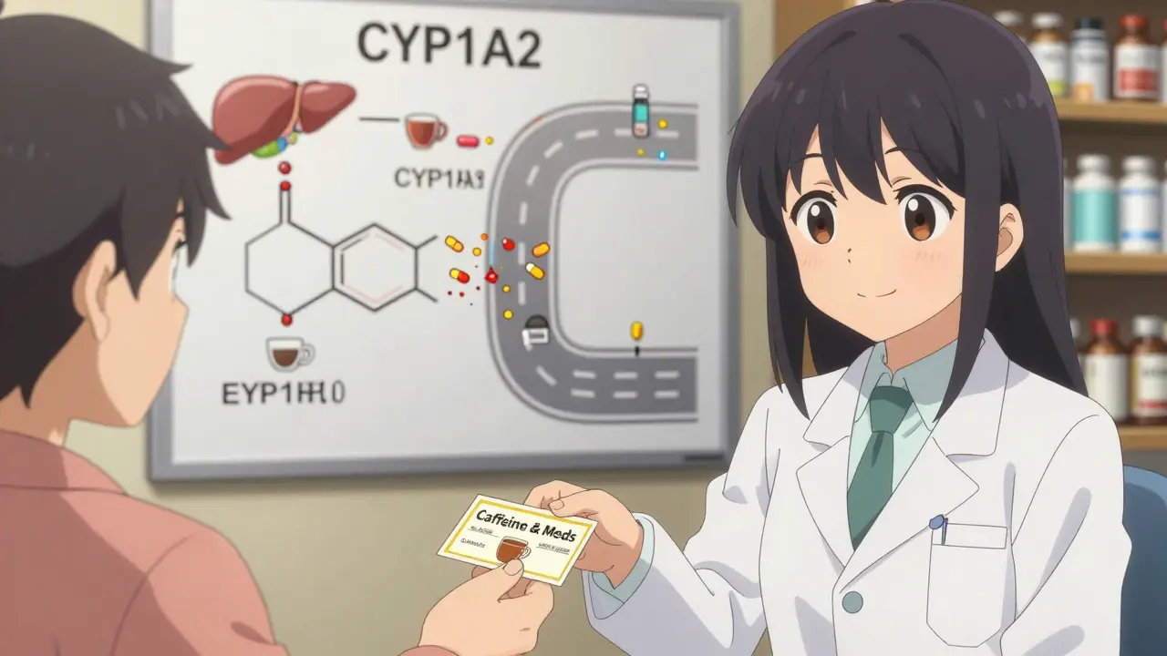 Kind pharmacist giving patient a caffeine-medication safety card in a cozy clinic.