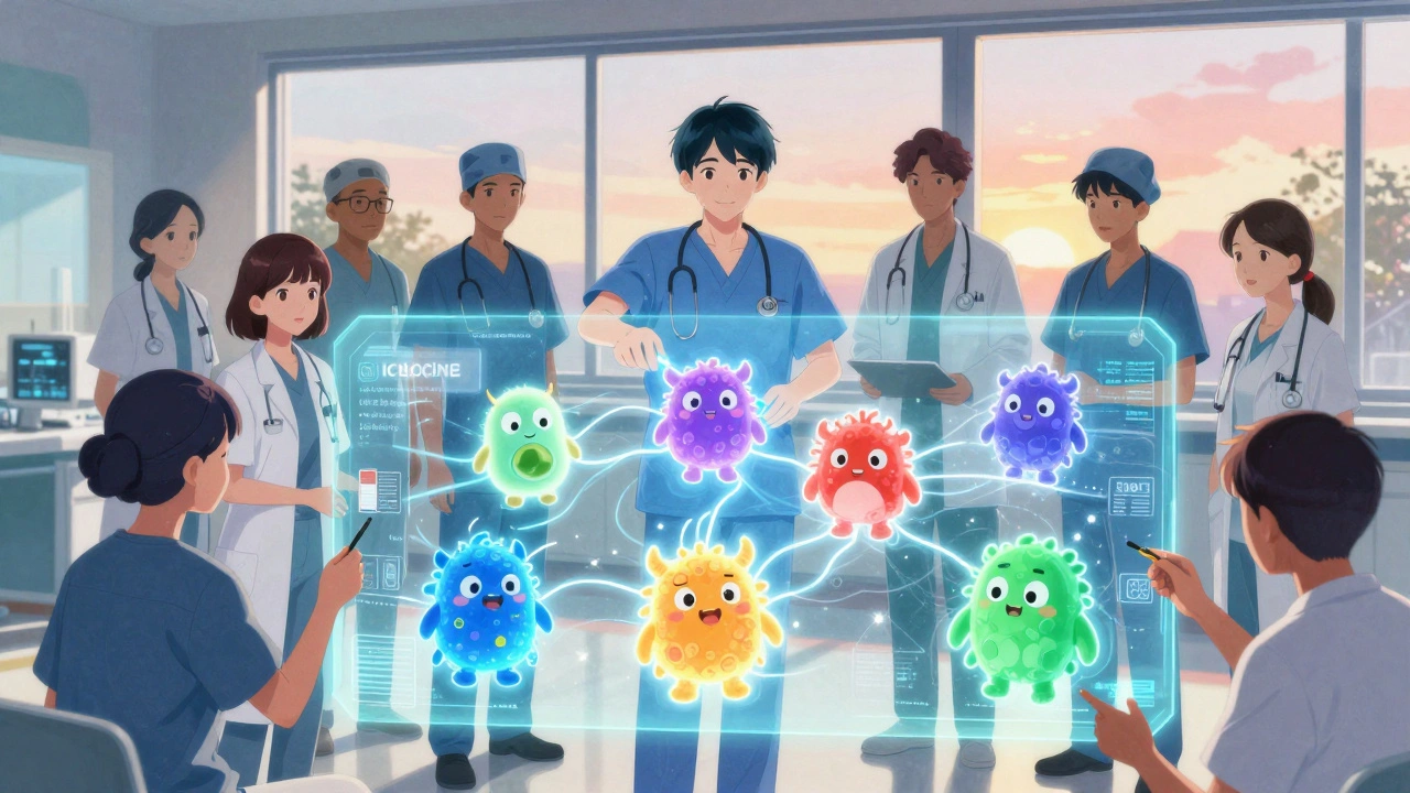Medical team works with glowing anime-style drug characters to block pain.
