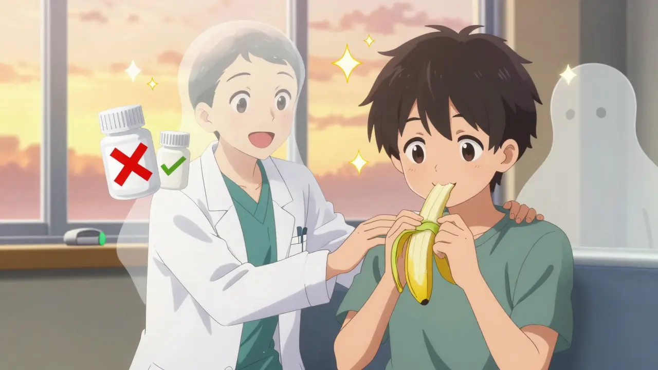 Patient eating banana happily while doctor smiles, with opioid bottles showing improvement.