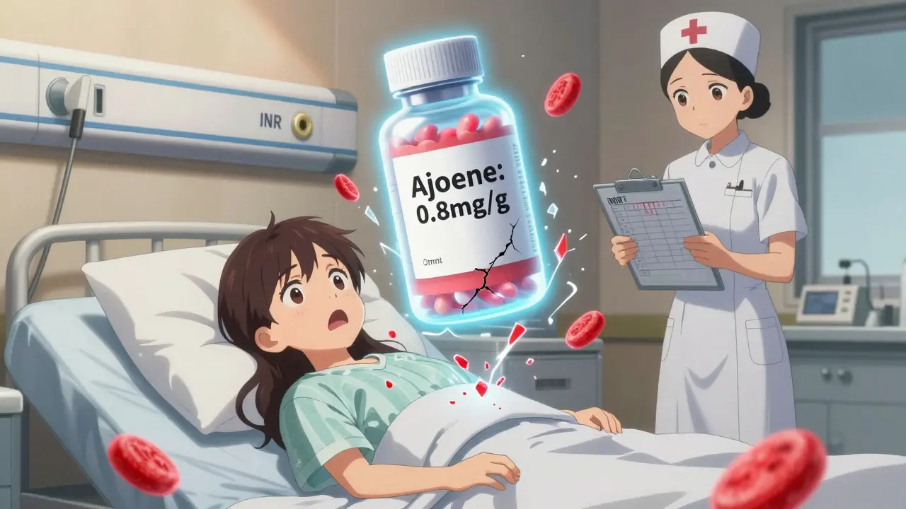 Patient in hospital bed as red platelets shatter around her, glowing garlic bottle above with high INR chart.