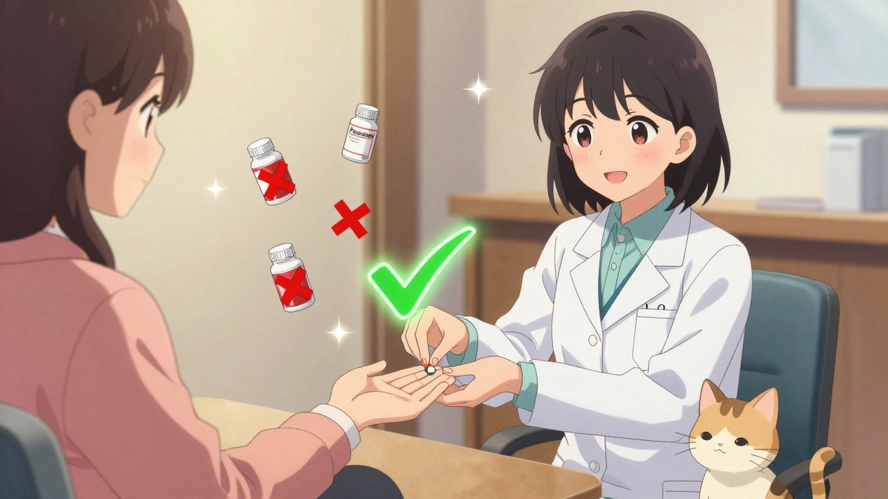 Pharmacist giving safe pravastatin pill, red Xs over dangerous drugs, cat nearby.