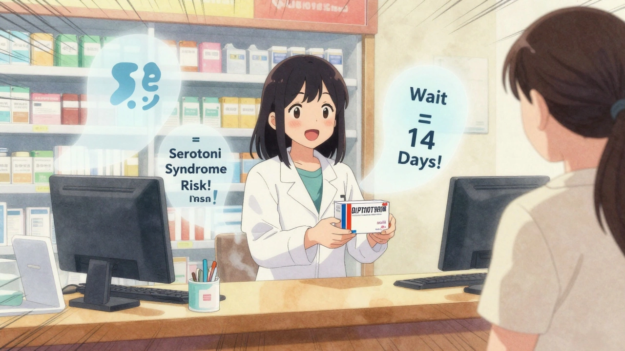 Pharmacist handing cough medicine while ghostly danger warnings appear behind them.