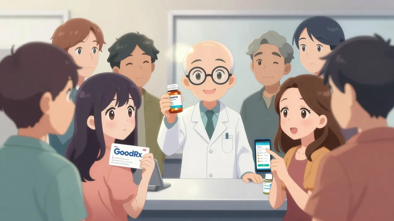 Pharmacist helping patients with pill bottles and medication app on tablet.