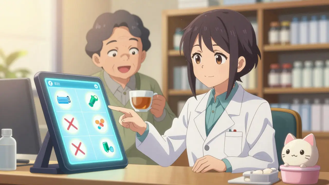 Pharmacist showing safe drug alternatives on a glowing screen with elderly patient in moe anime style.