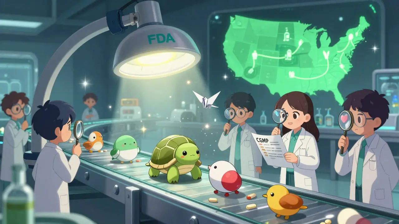Pills turn into animal mascots on a magical conveyor belt, inspected by heart-shaped magnifying glasses under a protective halo, with U.S. drug plants glowing in the background.