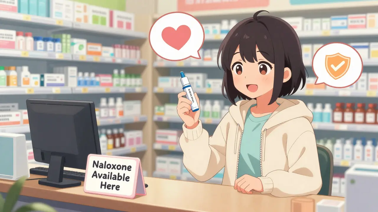 Someone receives naloxone from a friendly pharmacist at a well-lit pharmacy counter.