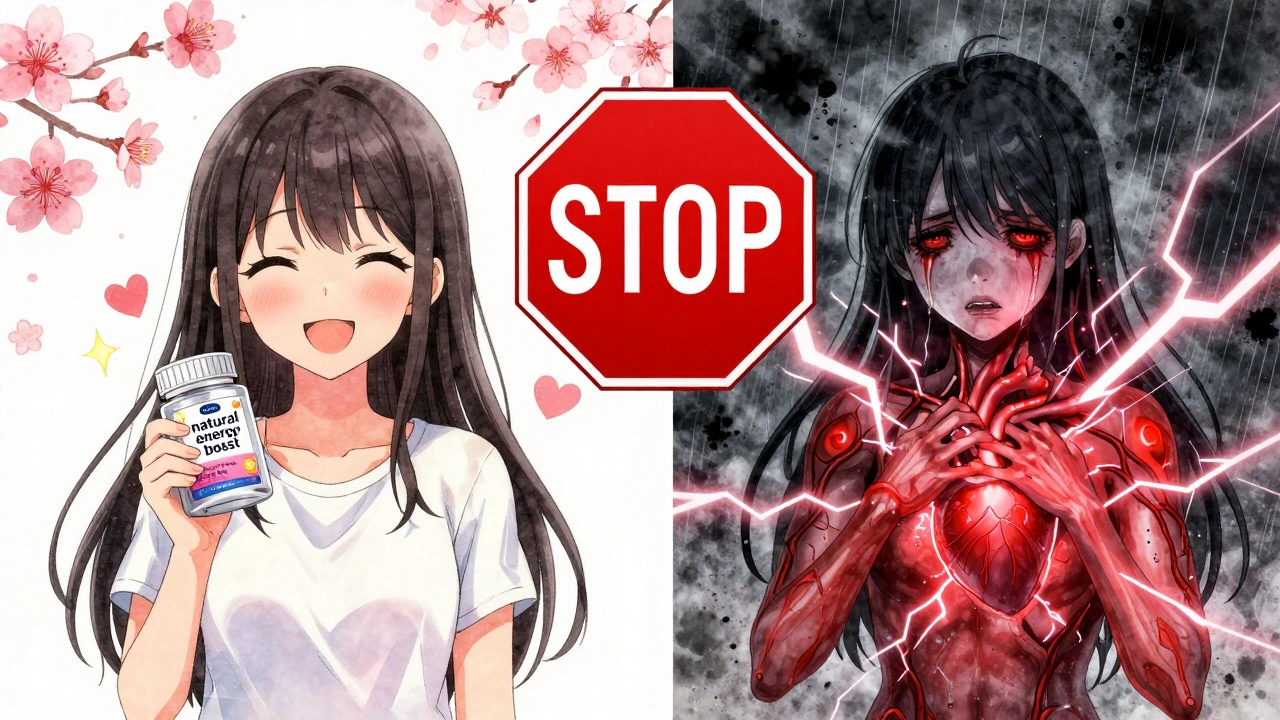 Split image: cheerful supplement use vs. medical emergency with glowing red veins and stormy heart.