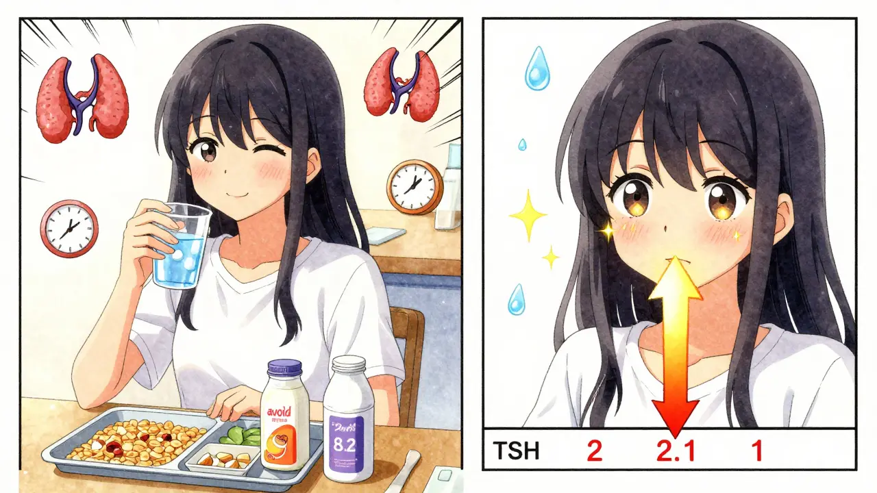 Split-panel showing iron supplement at lunch and improved thyroid test results.