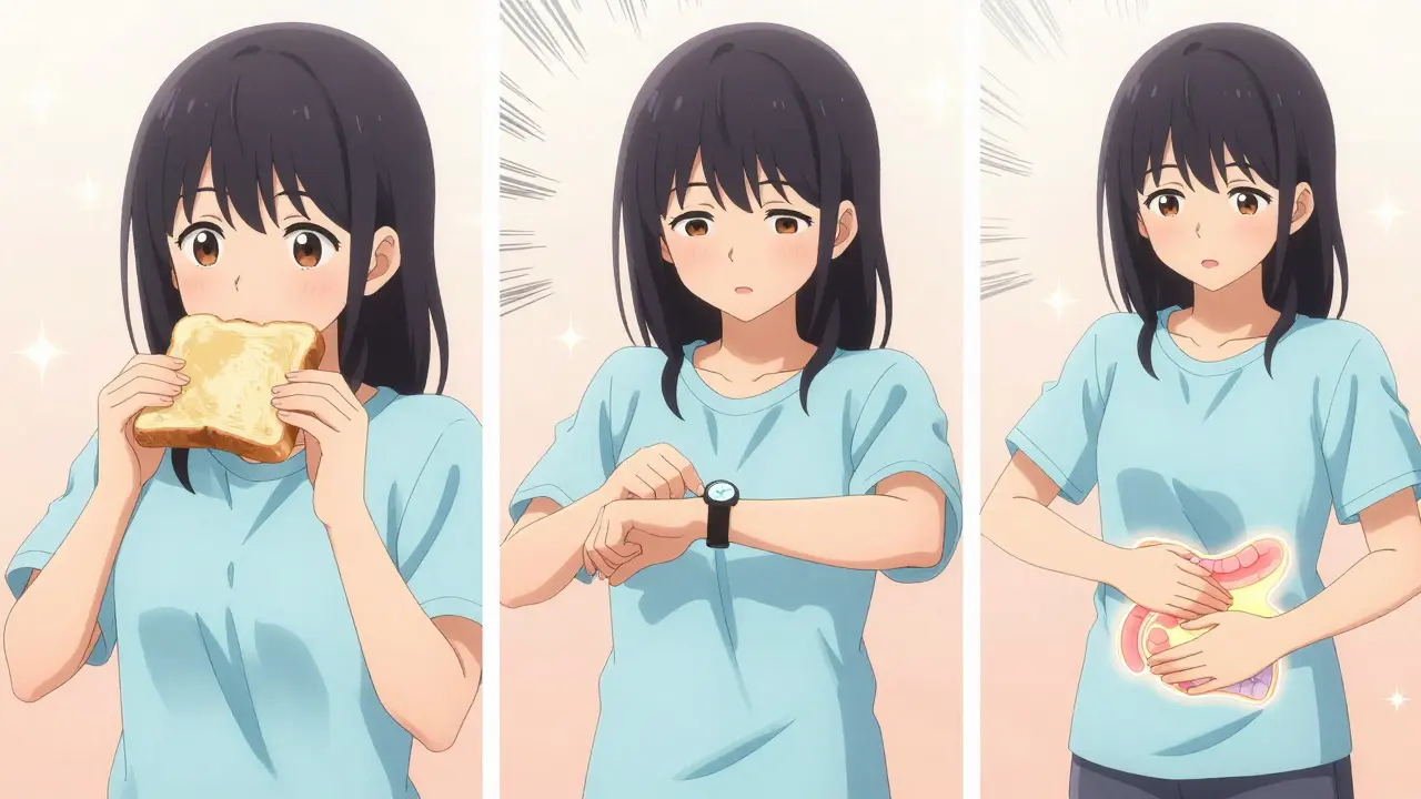 Teenager taking antiemetic medication 30 minutes before opioid pill with timing visuals.