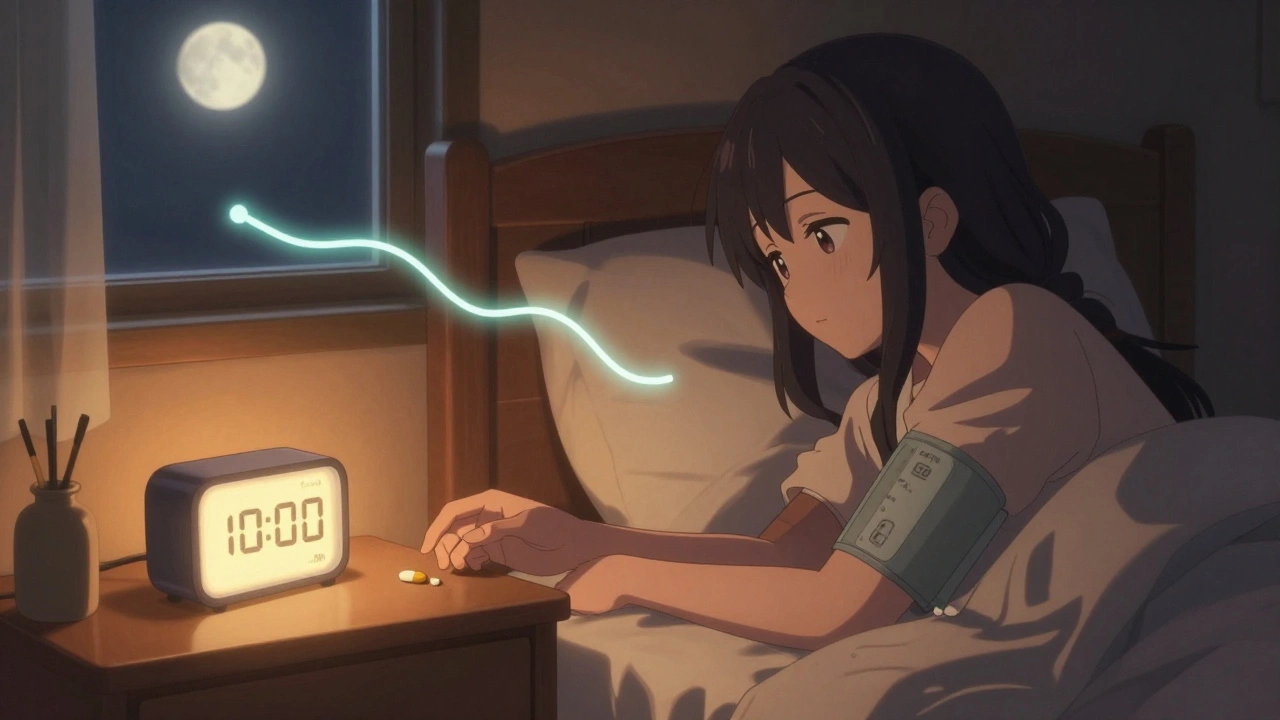 The same woman taking her medication at night in a calm, peaceful bedroom with soft lighting.