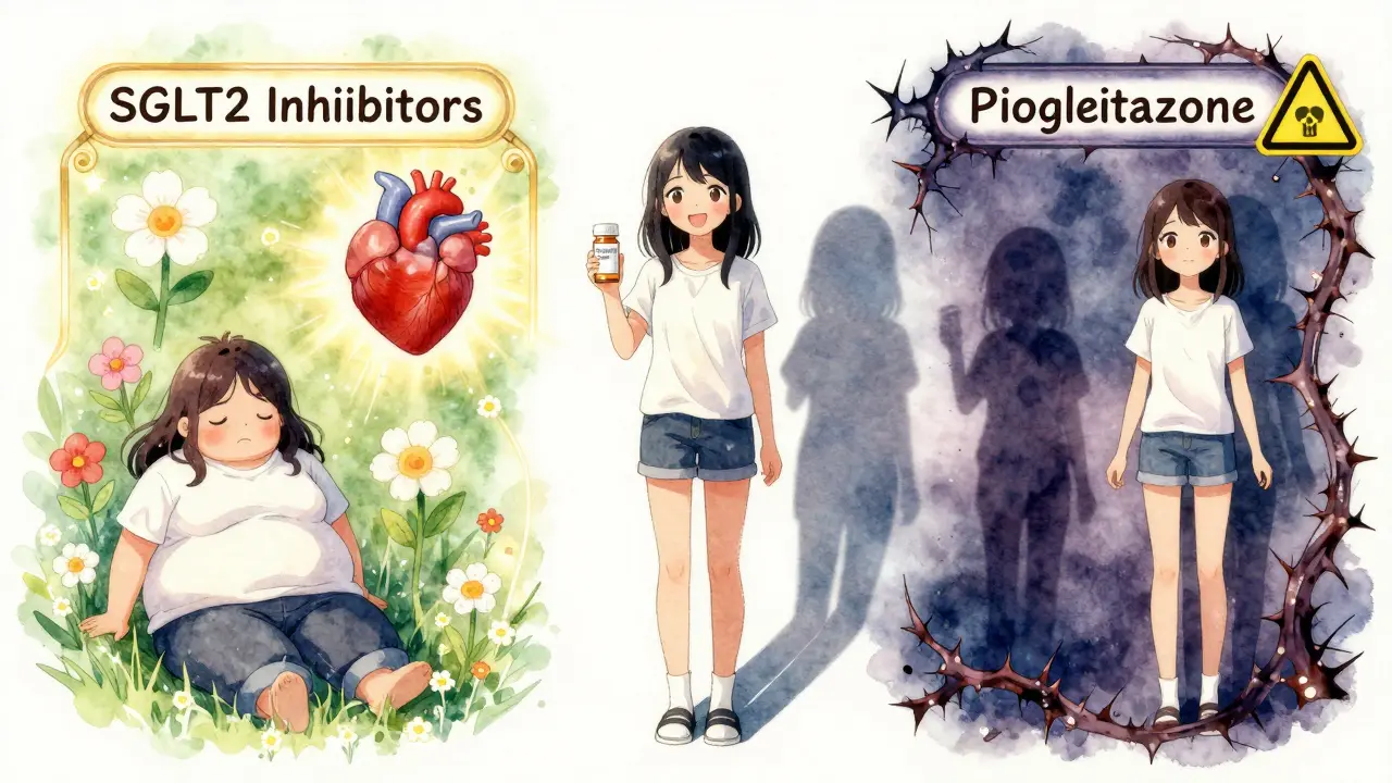 Woman choosing between safe diabetes meds and risky ones, symbolic path split with health vs danger.