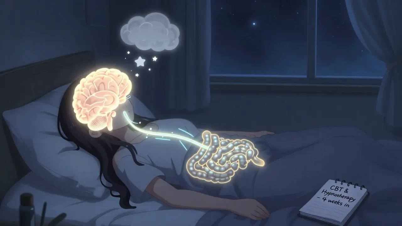 Woman in bed with glowing brain-gut connection and stress clouds dissolving into stars.