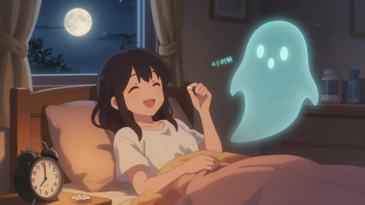 Woman taking calcium supplement at night, moonlight in background, peaceful mood.