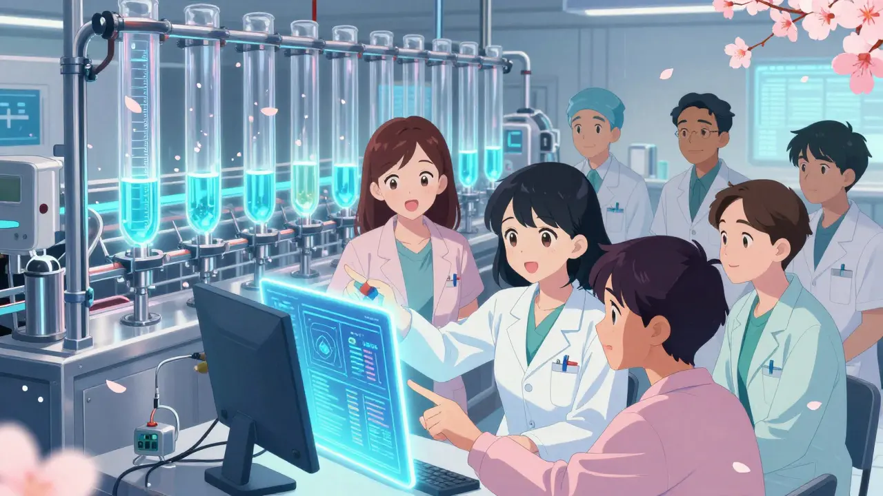 Workers collaborate around a glowing AI console monitoring a continuous pharmaceutical production line.