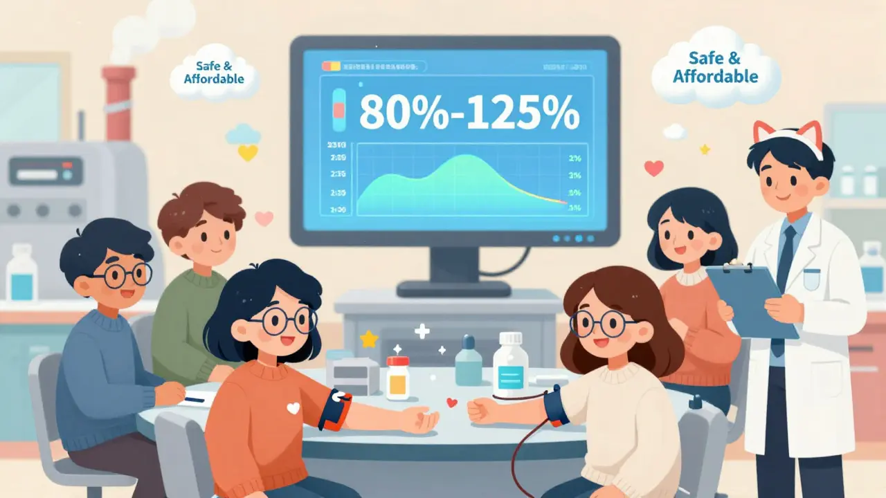 Young volunteers donate blood in a pastel lab as heart-shaped data points rise into a screen showing 80%-125% bioequivalence, with a cheerful inspector watching.