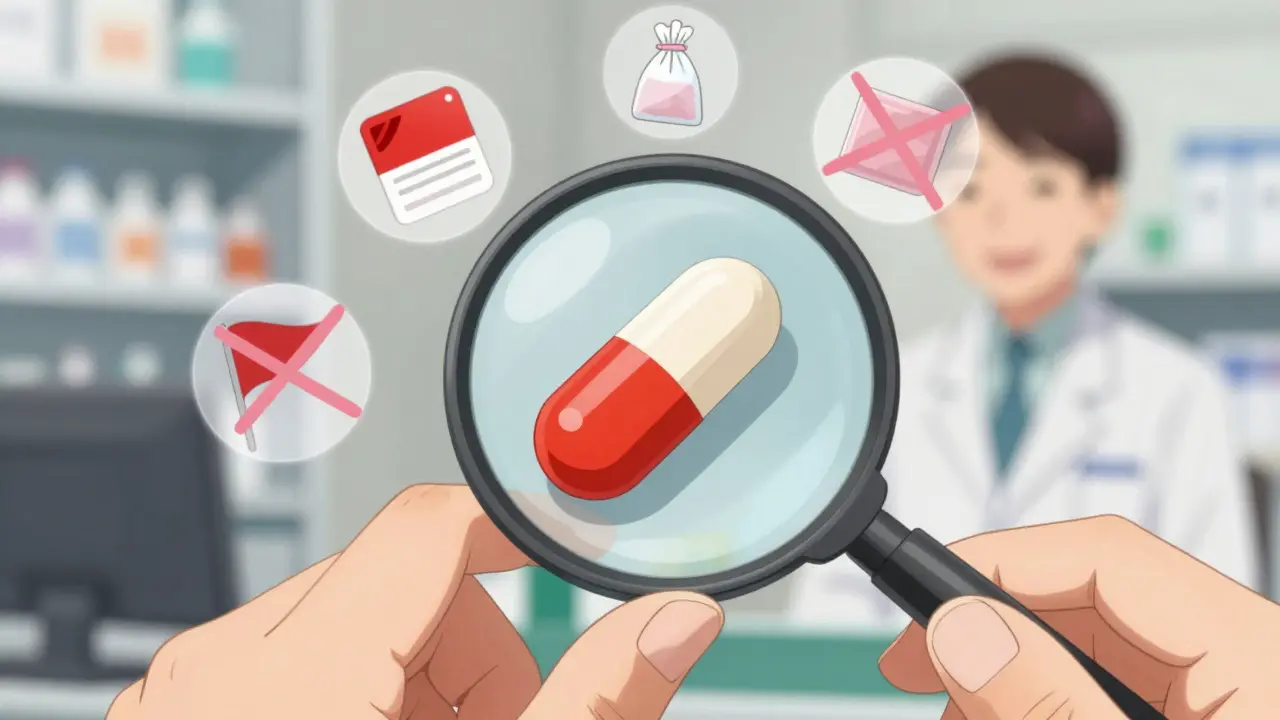 A close-up of a pill being examined with a magnifying glass, showing clear imprint and markings, with red flag icons crossed out around it.