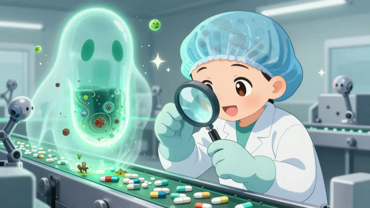 A cute factory worker inspects pills under a magnifying glass while ghostly contamination particles float nearby.