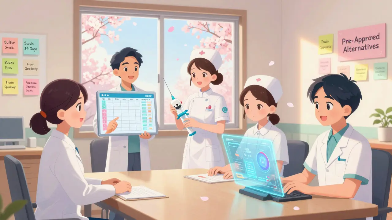 A diverse hospital team meets in a pastel room, reviewing shortage plans with glowing digital charts.