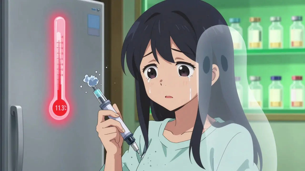 A girl cries as a damaged insulin vial crumbles, while a warning thermometer glows red on the fridge door.