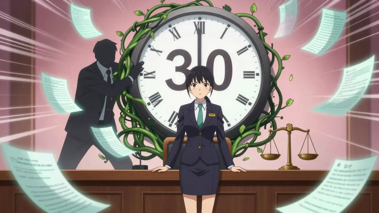 A lawyer faces a 30-month clock while patent vines try to block it in a stylized courtroom scene.