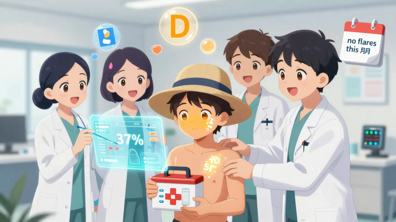 A patient in a sunhat holds a flare first-aid kit while a medical team guides her with holographic data showing reduced flares.