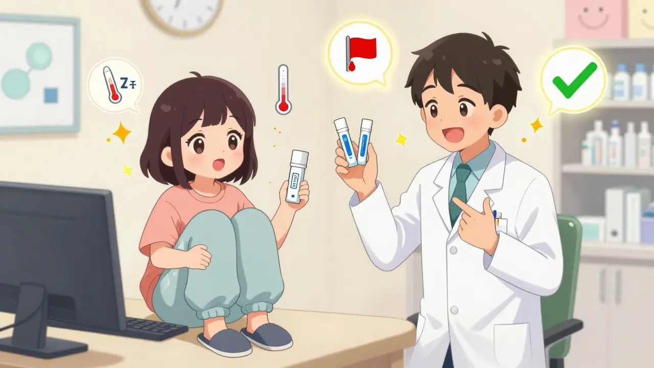 A pharmacist explains OTC hemorrhoid treatments to a patient with floating icons showing usage tips and warnings.