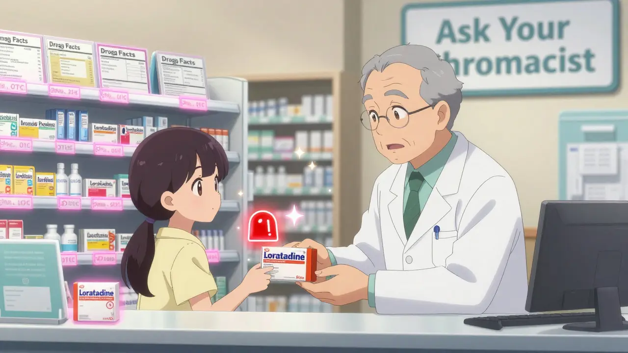 A pharmacist handing loratadine to a teen at a counter with glowing OTC labels in the background.