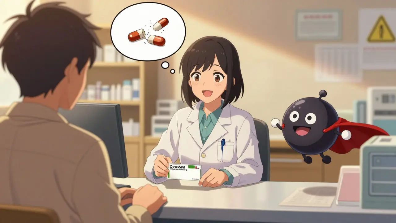 A pharmacist hands oxycodone to a patient while codeine fails in a thought bubble.