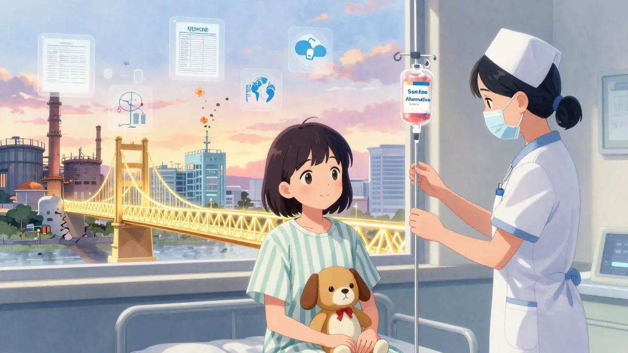 A smiling patient receives a safe drug alternative as a golden bridge symbolizes system reform.