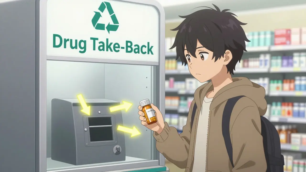 A teen dropping off pills at a pharmacy take-back kiosk.